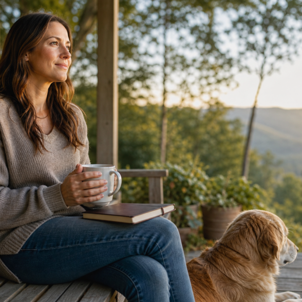 Person present on a porch after a digital detox for anxiety, phone face-down, looking at ease.