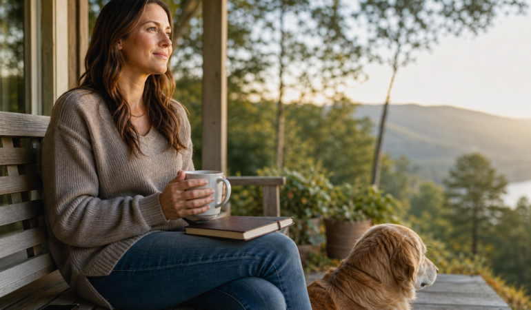 Person present on a porch after a digital detox for anxiety, phone face-down, looking at ease.