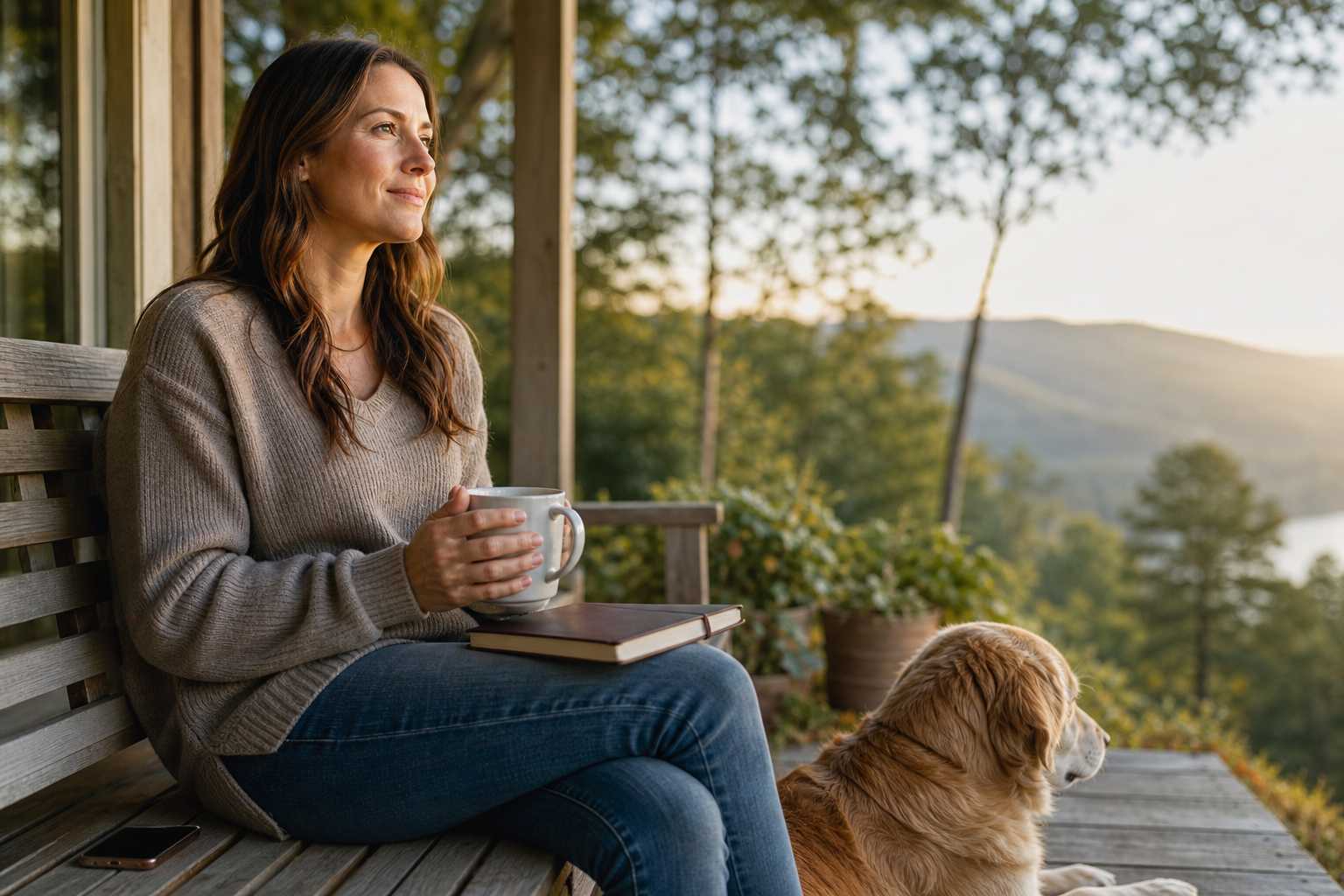 Person present on a porch after a digital detox for anxiety, phone face-down, looking at ease.