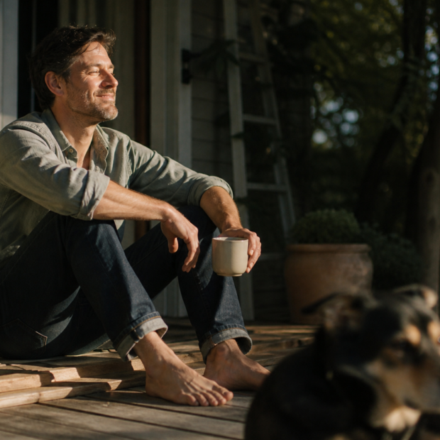 Man on a porch in late afternoon sun, at ease after closing the laptop, the positive vision of high-functioning anxiety