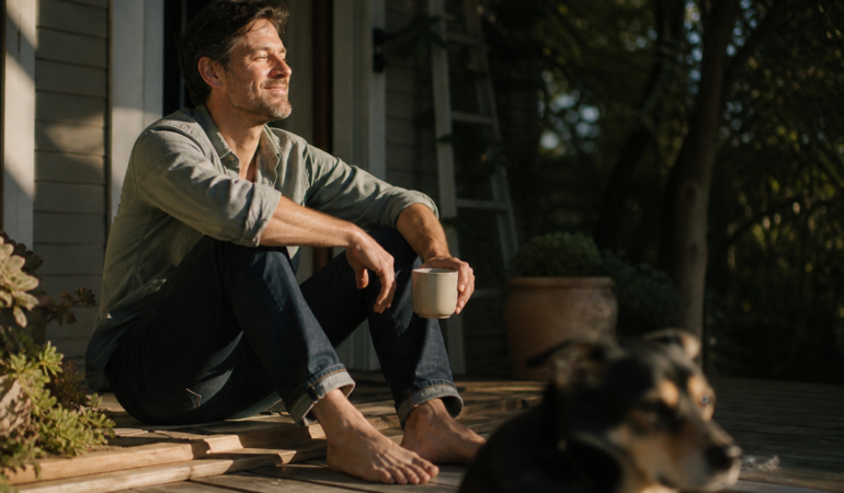 Man on a porch in late afternoon sun, at ease after closing the laptop, the positive vision of high-functioning anxiety