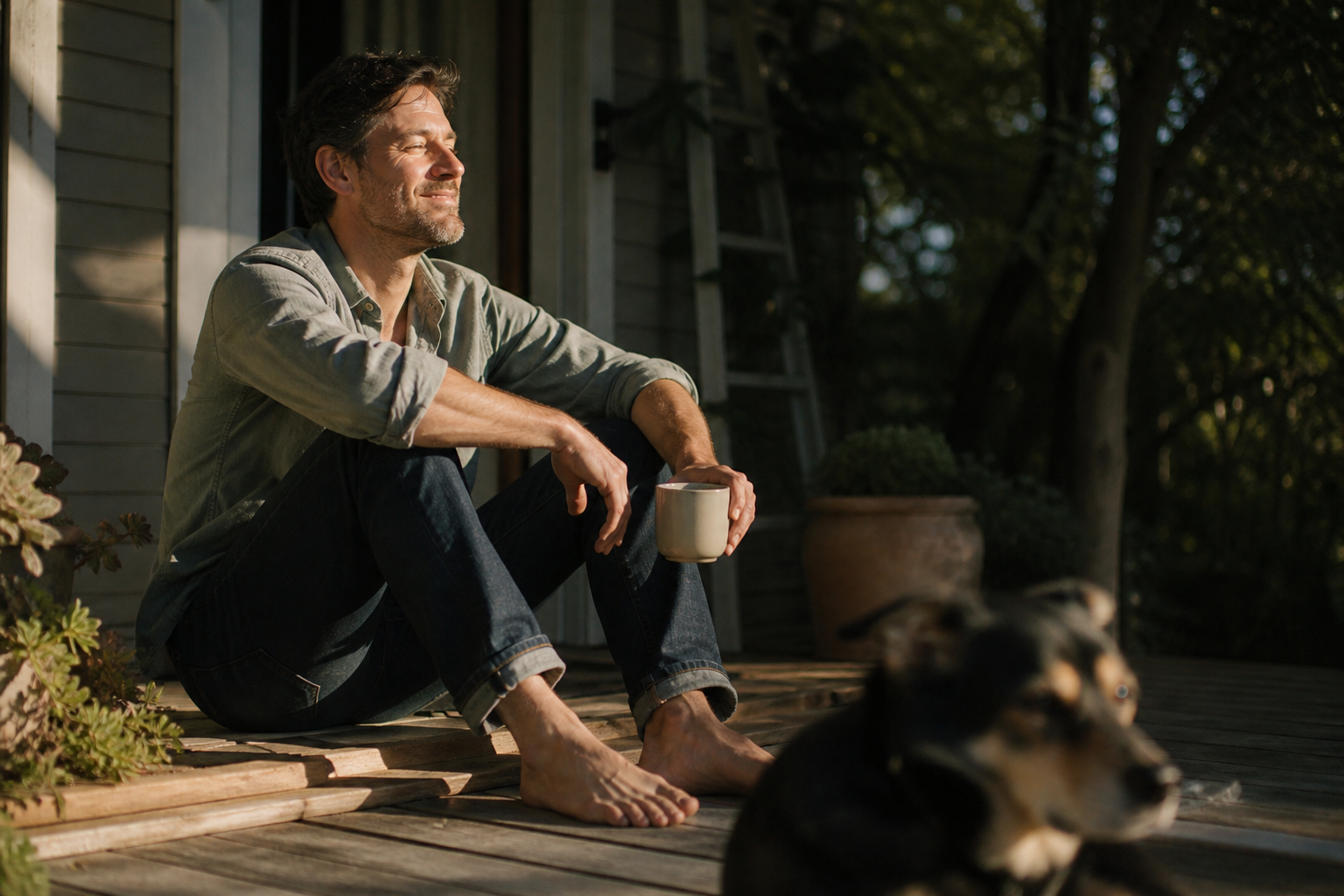 Man on a porch in late afternoon sun, at ease after closing the laptop, the positive vision of high-functioning anxiety