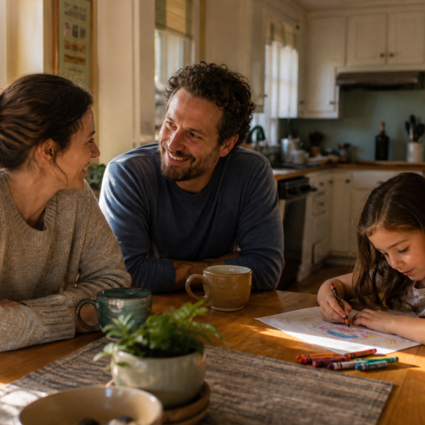 Parents sharing an ordinary moment at home while their child draws nearby