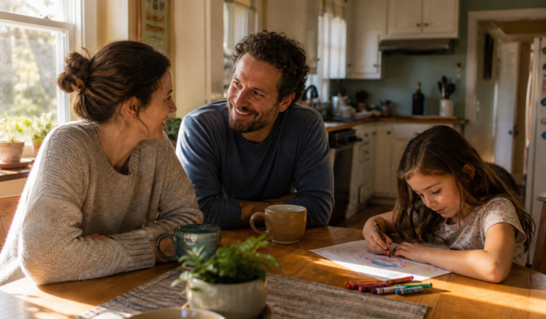 Parents sharing an ordinary moment at home while their child draws nearby