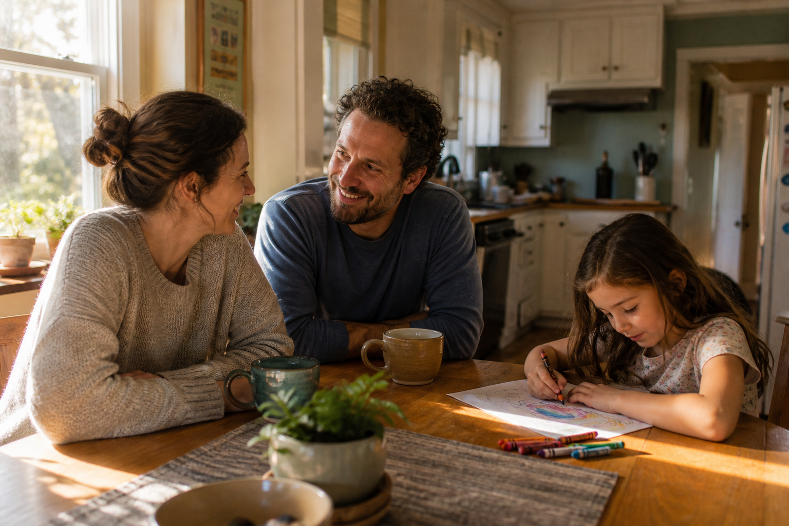 Parents sharing an ordinary moment at home while their child draws nearby