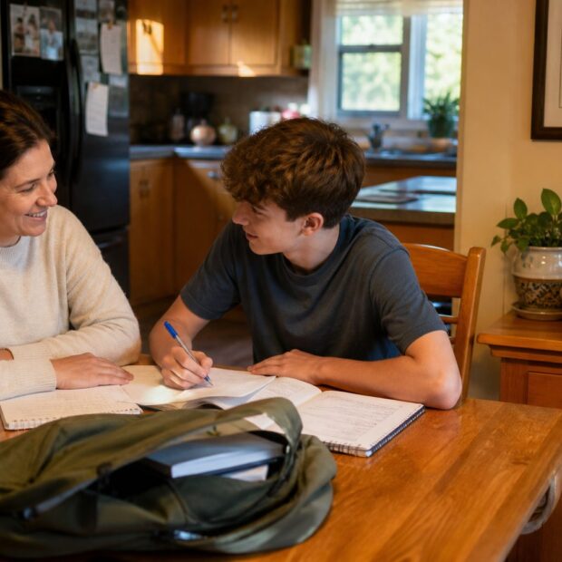 Parent and teen at the kitchen table starting homework with phones put away after cutting teen social media use
