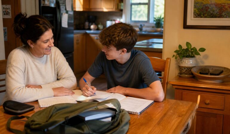 Parent and teen at the kitchen table starting homework with phones put away after cutting teen social media use