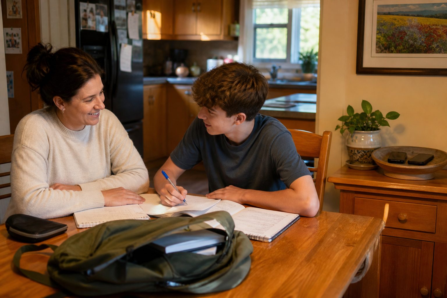 Parent and teen at the kitchen table starting homework with phones put away after cutting teen social media use