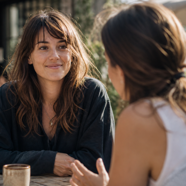 Two friends at an outdoor cafe, present and at ease with each other
