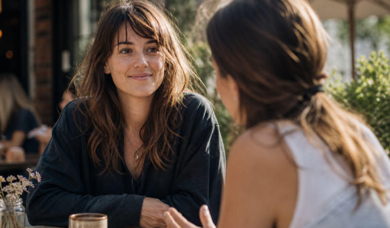 Two friends at an outdoor cafe, present and at ease with each other