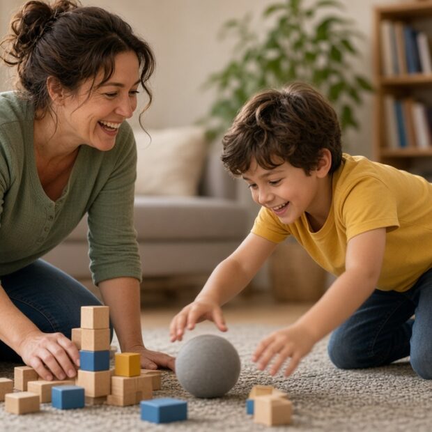 Mother and young son laughing on the floor while playing with wooden blocks in a bright living room.