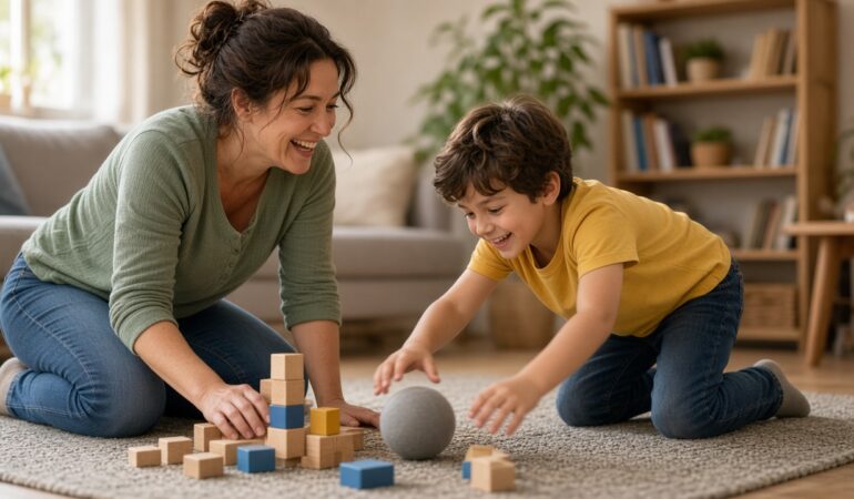 Mother and young son laughing on the floor while playing with wooden blocks in a bright living room.
