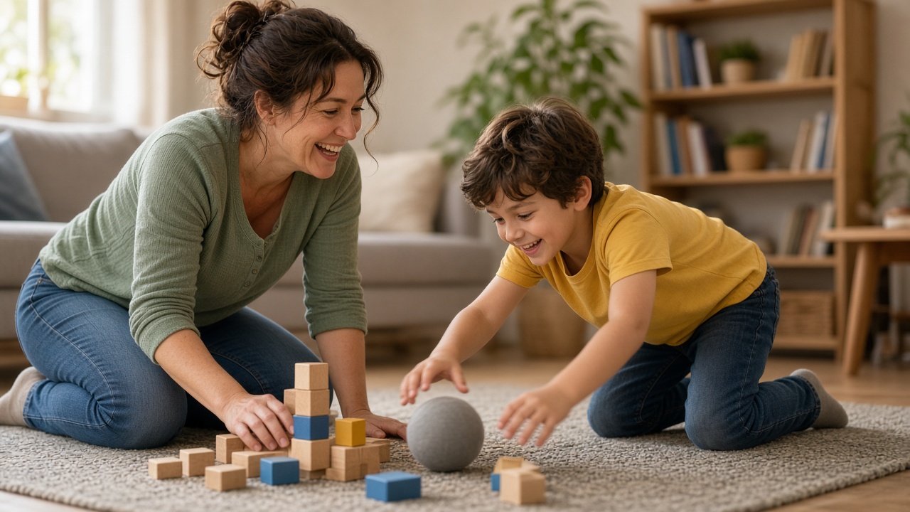 Mother and young son laughing on the floor while playing with wooden blocks in a bright living room.