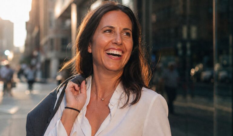 A smiling woman outdoors in warm afternoon light, the positive after of starting depression therapy.