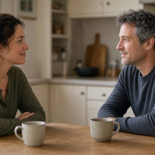Two partners sitting across a kitchen table in even daylight, looking toward each other without shouting.