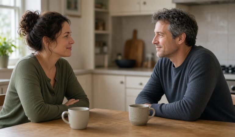 Two partners sitting across a kitchen table in even daylight, looking toward each other without shouting.
