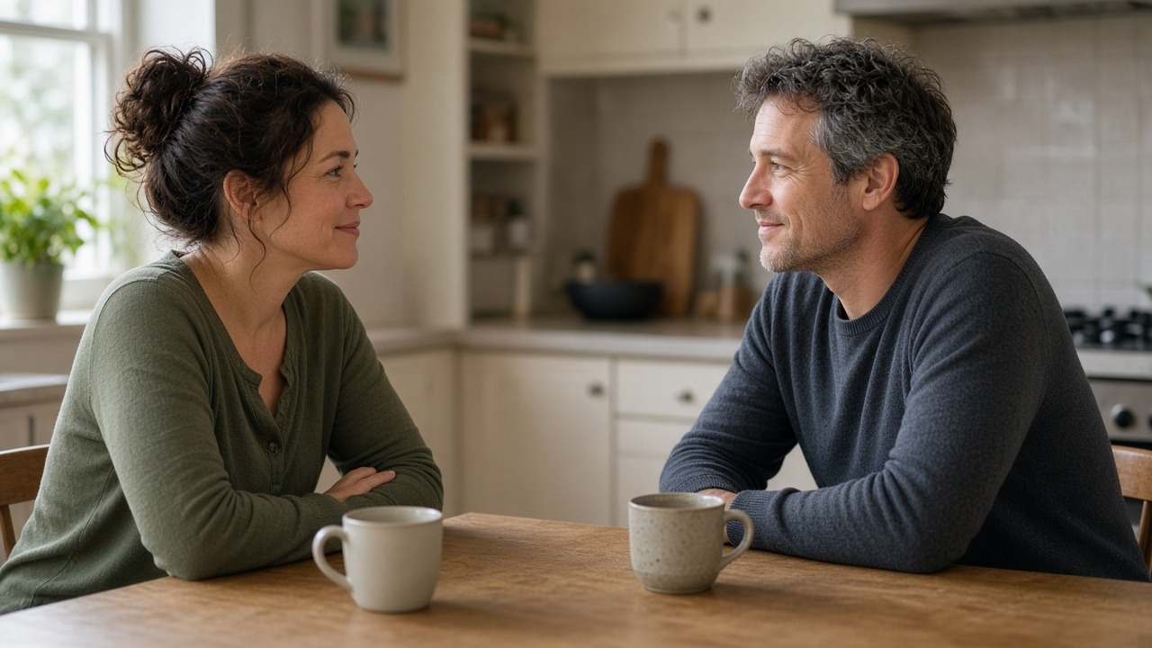 Two partners sitting across a kitchen table in even daylight, looking toward each other without shouting.
