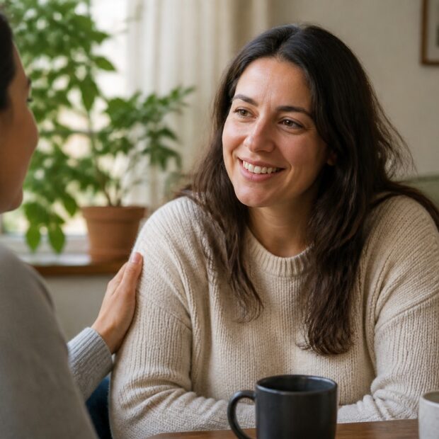 Social support for postpartum depression Pasadena Two women talking supportively over coffee in warm afternoon light.