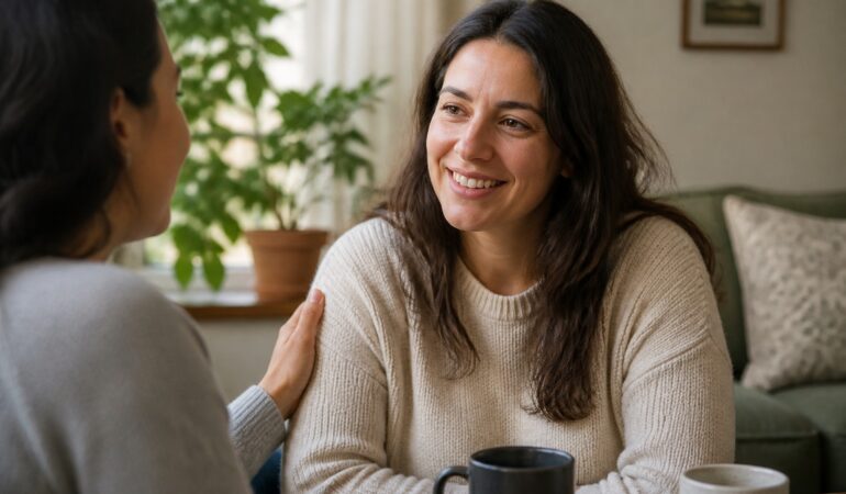 Two women talking supportively over coffee in warm afternoon light.