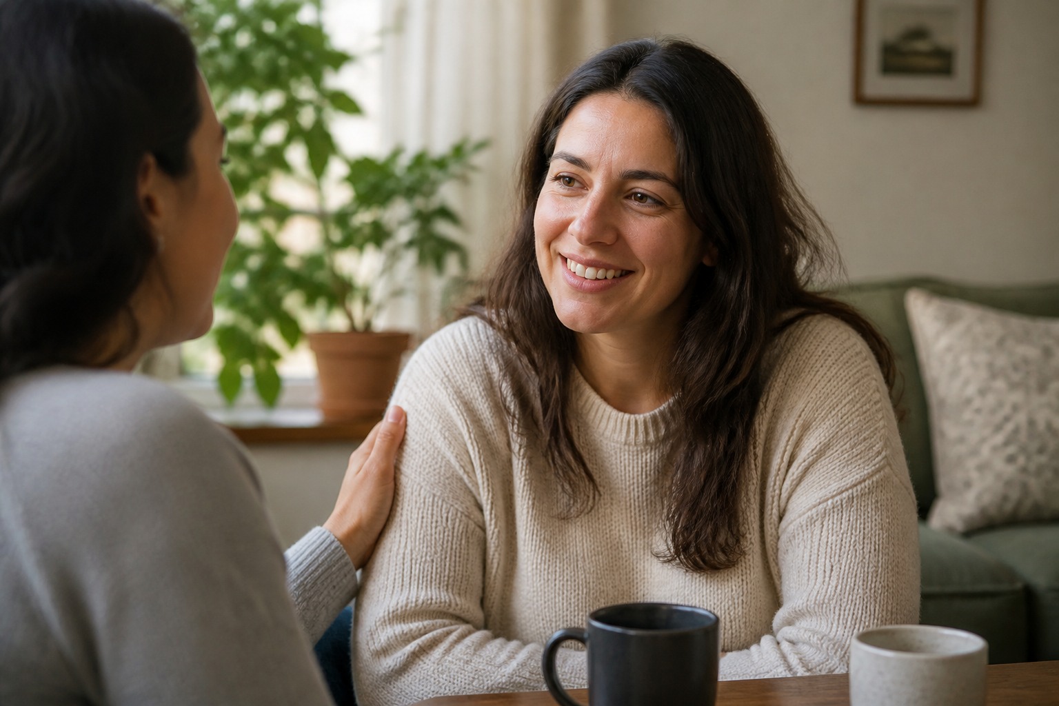 Two women talking supportively over coffee in warm afternoon light.