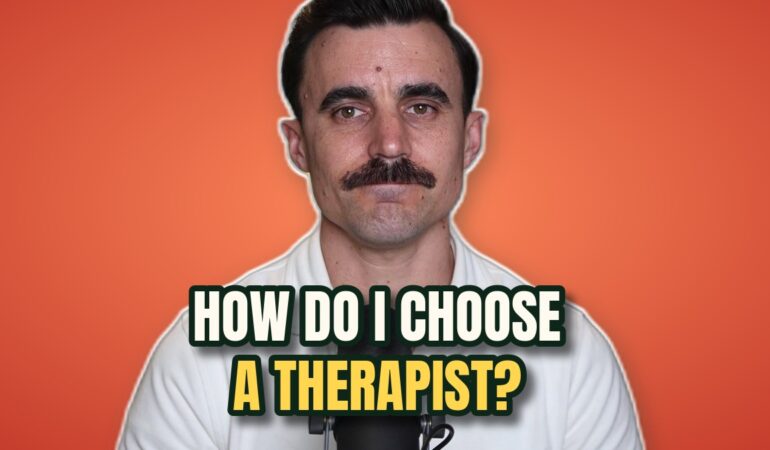 Dr. Connor McClenahan of Here Counseling in Pasadena looking at the camera next to the words How do I choose a therapist?