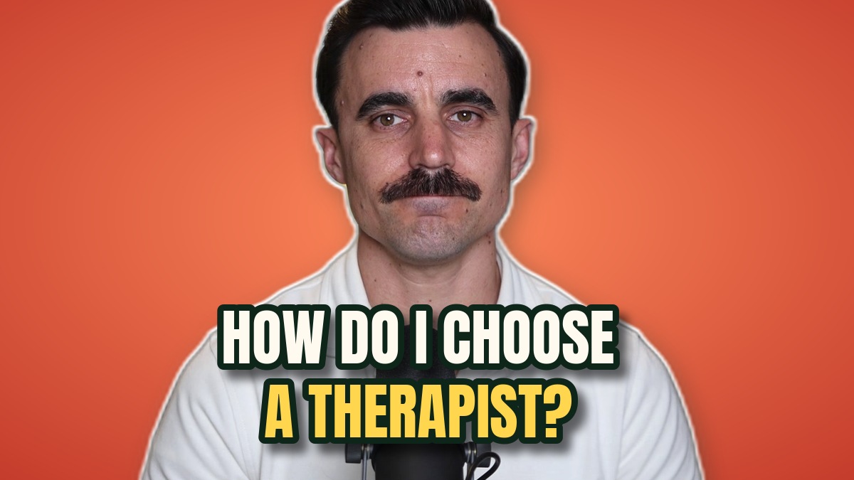 Dr. Connor McClenahan of Here Counseling in Pasadena looking at the camera next to the words How do I choose a therapist?